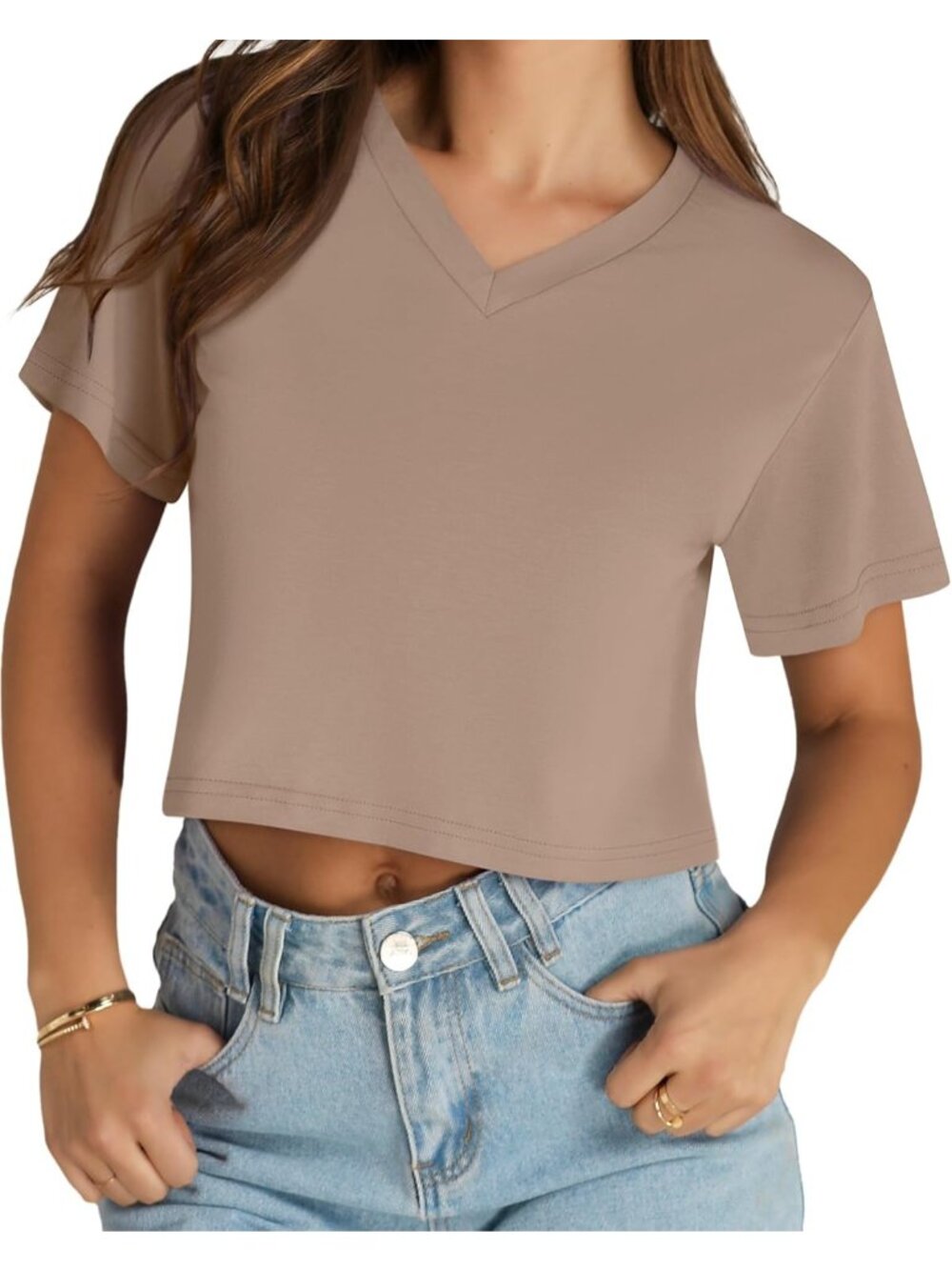 Women's Khaki Casual Summer Short Sleeve Tees V Neck Pull On Crop Tops - Picture 4 of 6